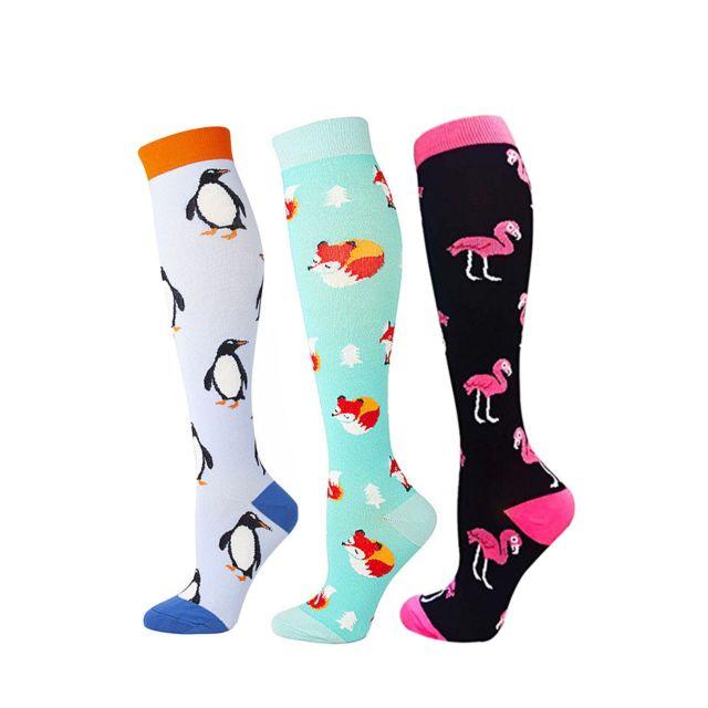 Stevvex ST12240AYL 3-pack knee-high athletic compression socks with penguin flamingos prints on Tampa Home & Garden Store