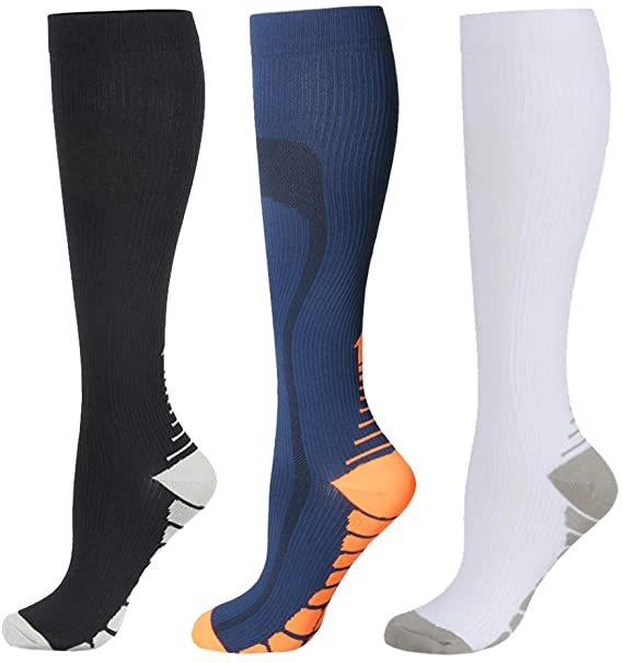 Stevvex athletic compression socks 3-pack black, blue with orange heel, white with gray heel on Tampa Home & Garden Store