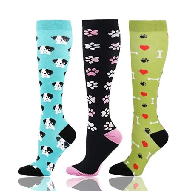 Stevvex athletic compression socks set of 3: turquoise dog-face pattern, black paw prints, olive bones and hearts on toe on Tampa Home & Garden Store