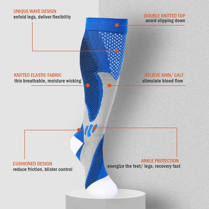 Compression knee sock blue knitted elastic fabric with cushioned design and knitted top on Tampa Home & Garden Store