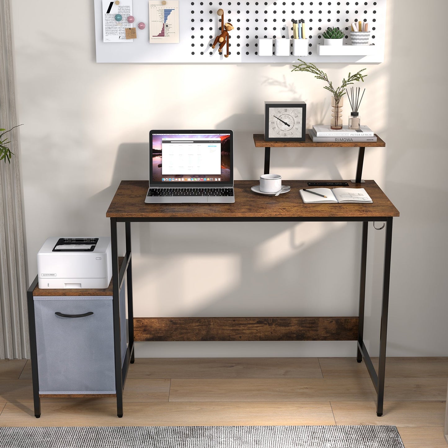 Escritorio para computadora con cajón de almacenamiento reversible y estante móvil - Marrón