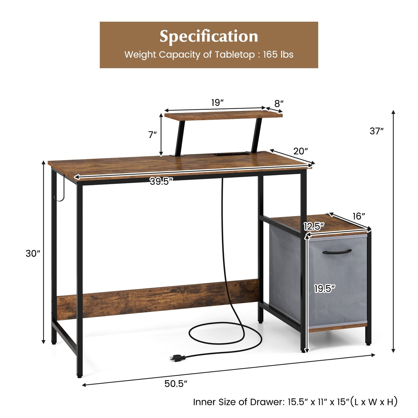 Escritorio para computadora con cajón de almacenamiento reversible y estante móvil - Marrón