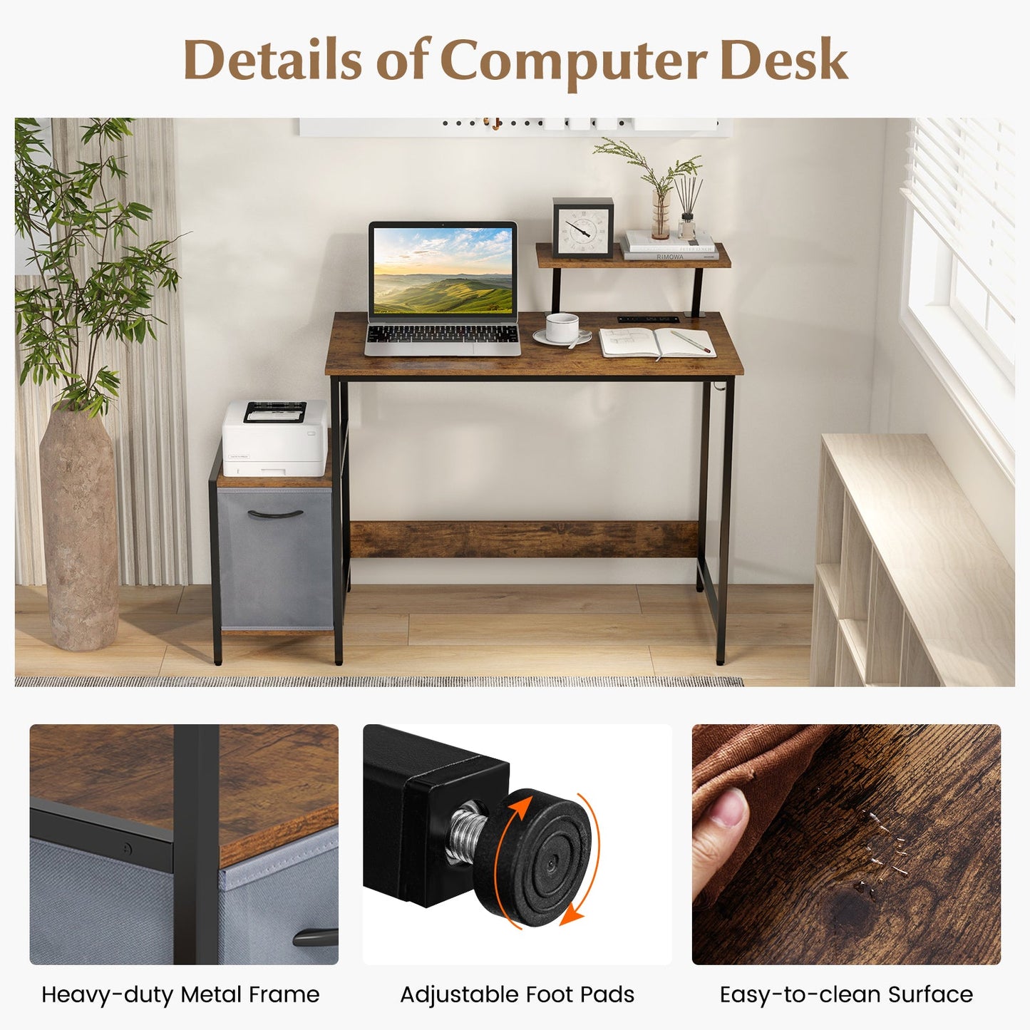 Escritorio para computadora con cajón de almacenamiento reversible y estante móvil - Marrón