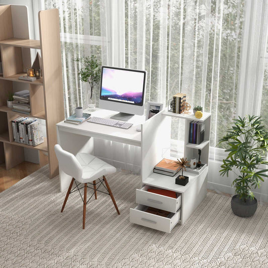Computer Desk Home Office with Bookshelf and Drawers-White - Tampa Home & Garden Store