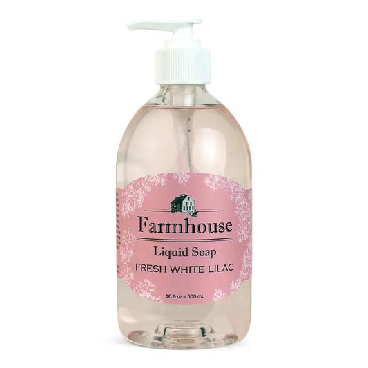 Farmhouse Liquid Soap Fresh White Lilac hand wash in a clear pump bottle with pink label on Tampa Home & Garden Store