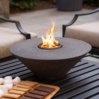 Concrete cone fire pit by City Bonfires, dark gray centerpiece with flame on patio table on Tampa Home & Garden Store