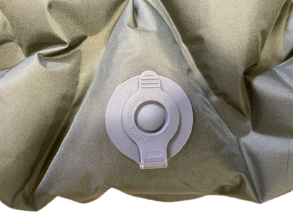 Sleeping Pad and Pillow by River Country Gear with inflation valve on olive-green fabric on Tampa Home & Garden Store