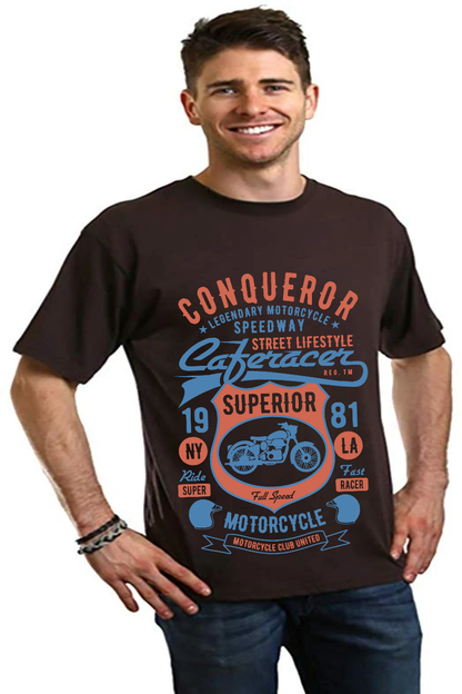 Conqueror Speedway men's bamboo tee with motorcycle graphic in black Spun Bamboo on Tampa Home & Garden Store