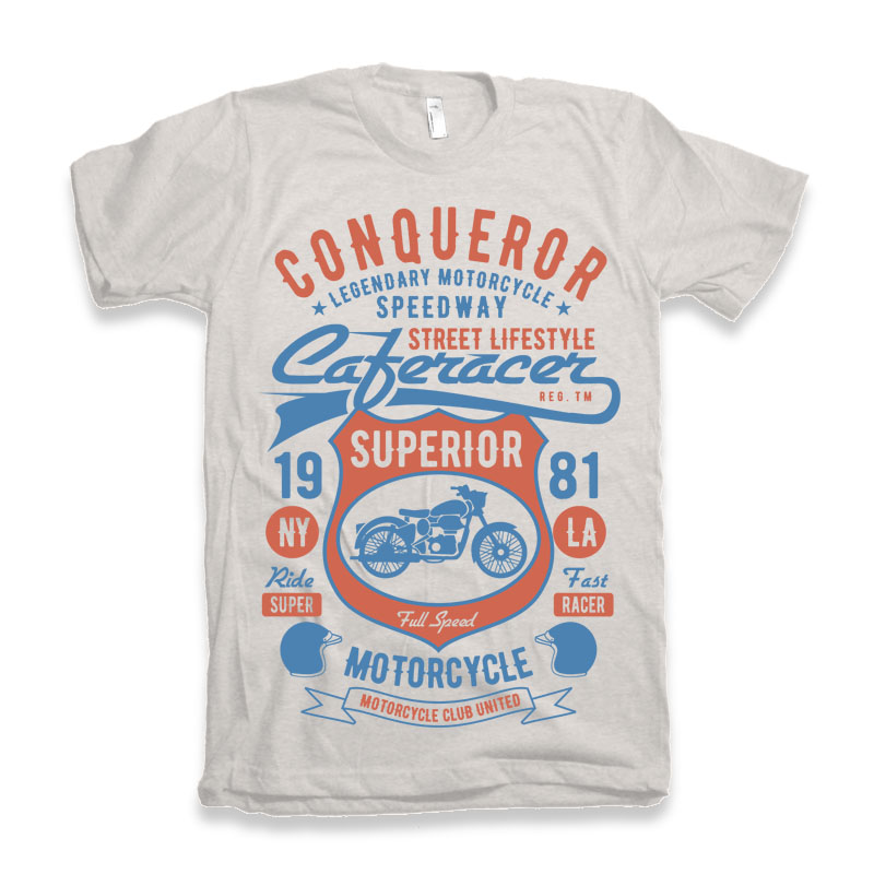 Conqueror Speedway men's graphic tee by Spun Bamboo in gray with blue/orange motorcycle print on Tampa Home & Garden Store
