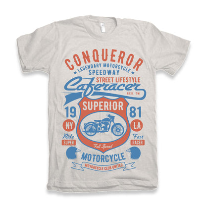 Conqueror Speedway men's graphic tee by Spun Bamboo in gray with blue/orange motorcycle print on Tampa Home & Garden Store