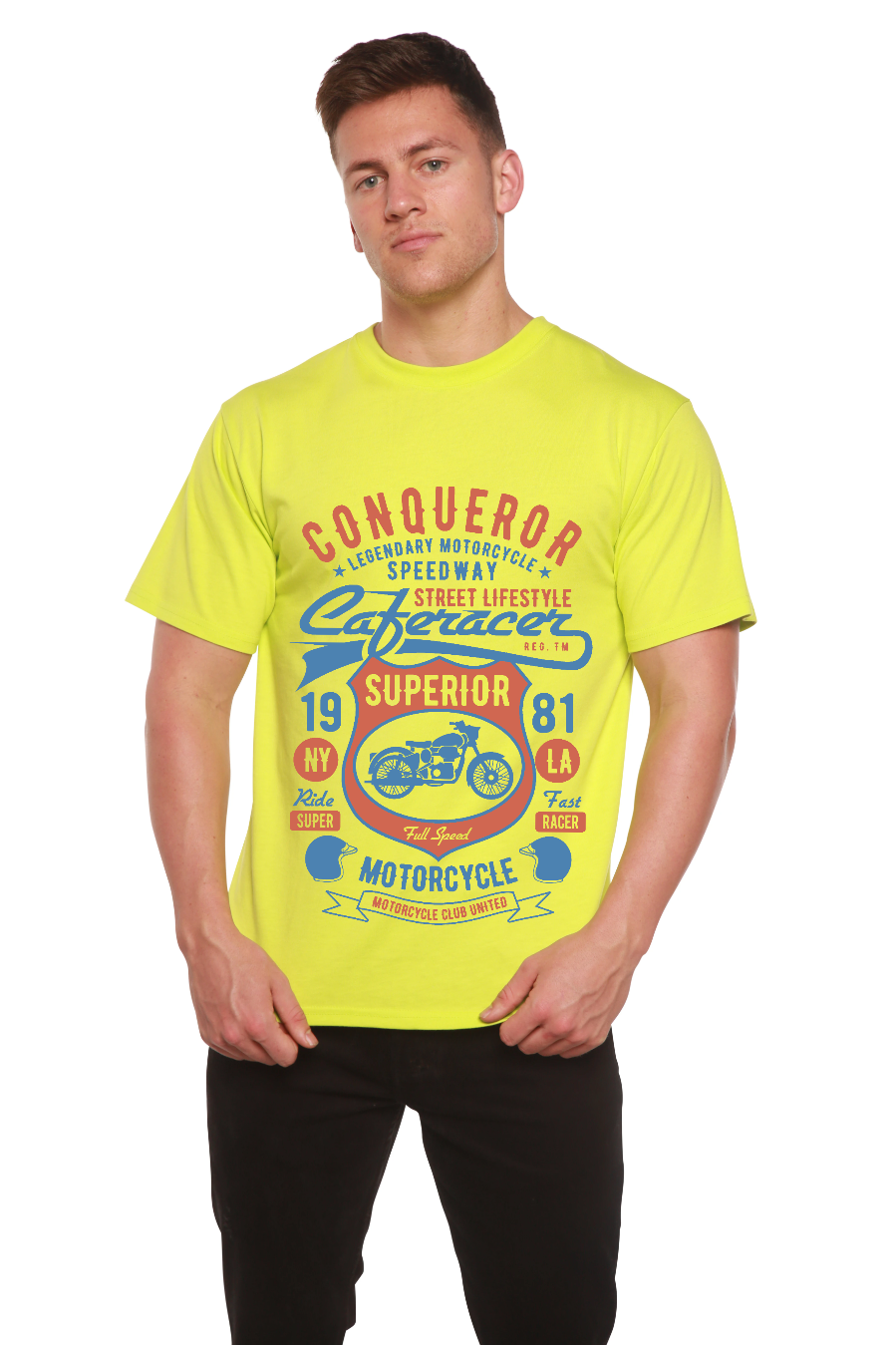 Conqueror Speedway men's bamboo viscose/organic cotton tee yellow motorcycle print Spun Bamboo on Tampa Home & Garden Store