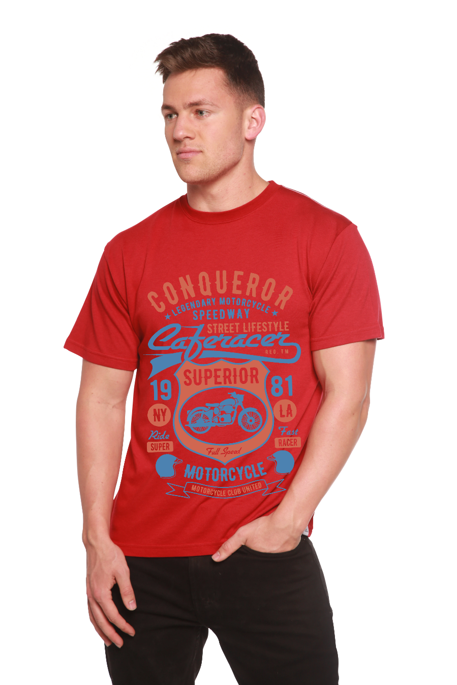 Conqueror Speedway men's red bamboo viscose/organic cotton graphic tee by Spun Bamboo on Tampa Home & Garden Store