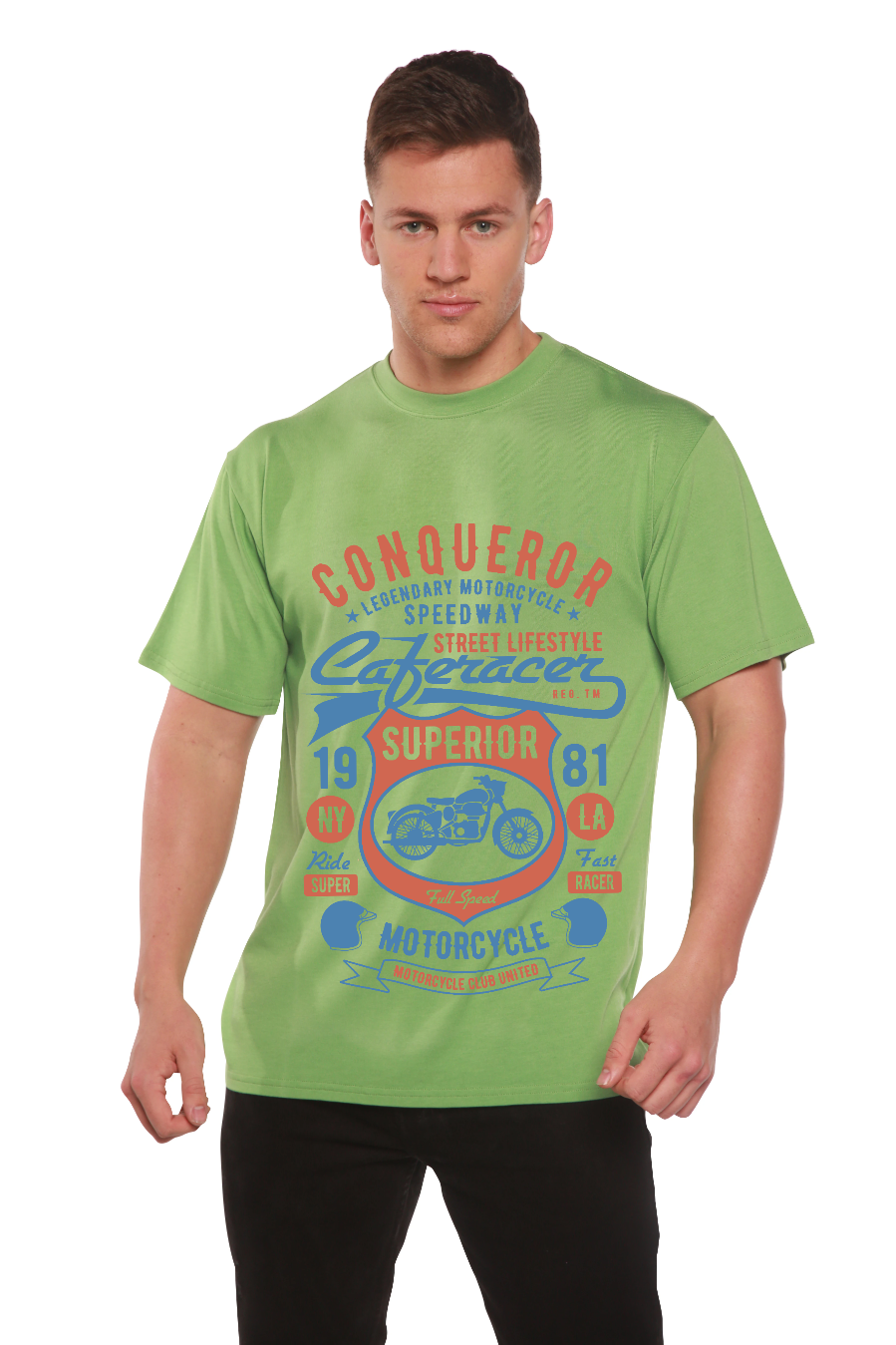 Conqueror Speedway mens short sleeve printed graphic tee in lime green with vintage motorcycle design on Tampa Home & Garden Store