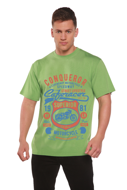 Conqueror Speedway mens short sleeve printed graphic tee in lime green with vintage motorcycle design on Tampa Home & Garden Store
