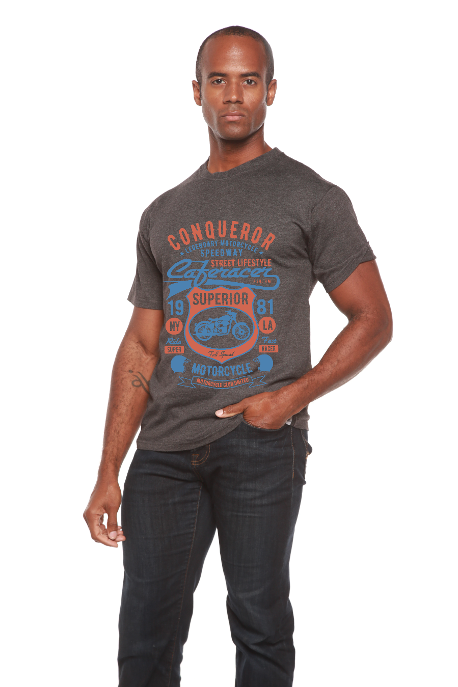 Conqueror Speedway men's graphic tee charcoal gray with orange-blue motorcycle print by Spun Bamboo on Tampa Home & Garden Store