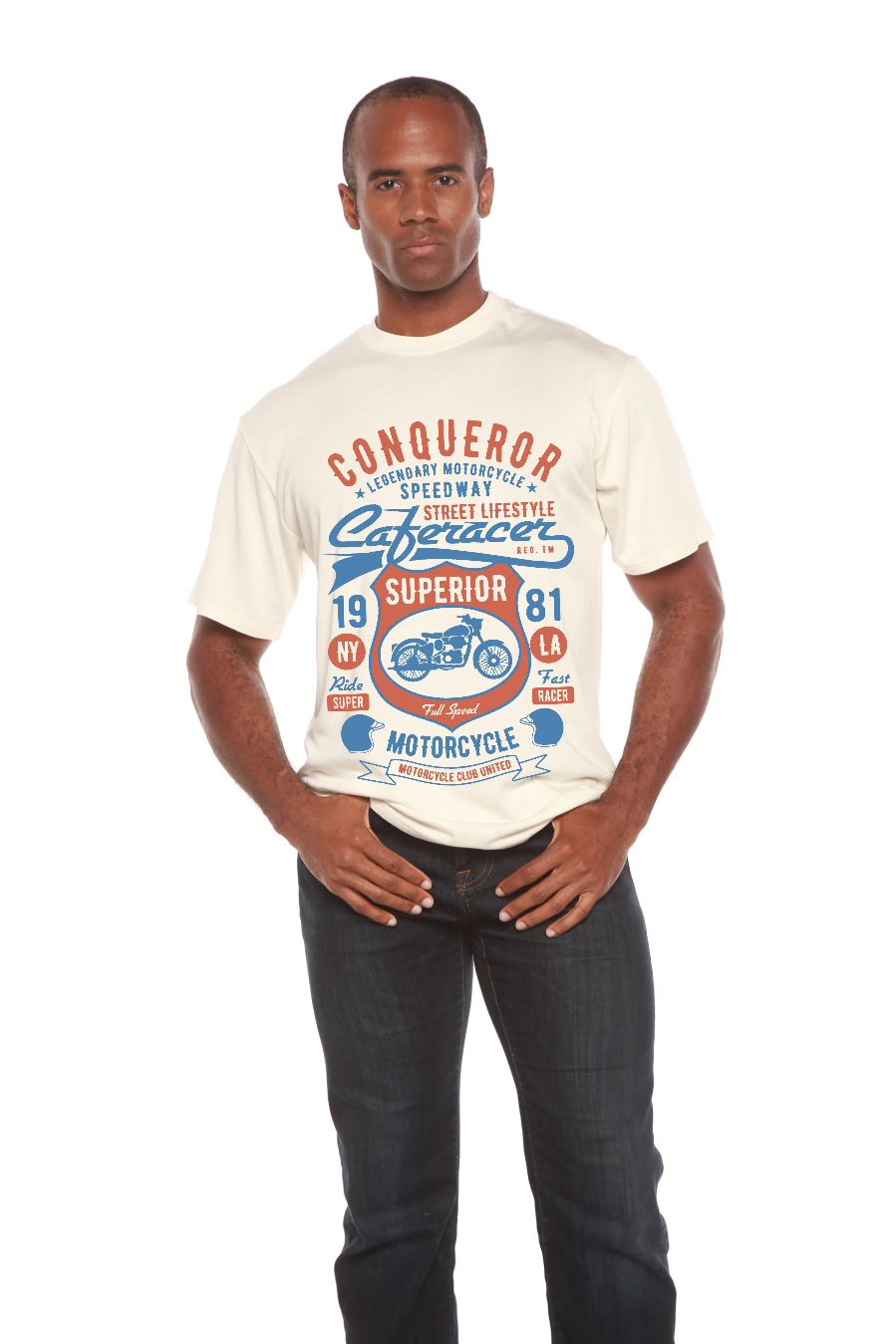 Conqueror Speedway men's cream T-shirt with blue motorcycle print, Spun Bamboo on Tampa Home & Garden Store