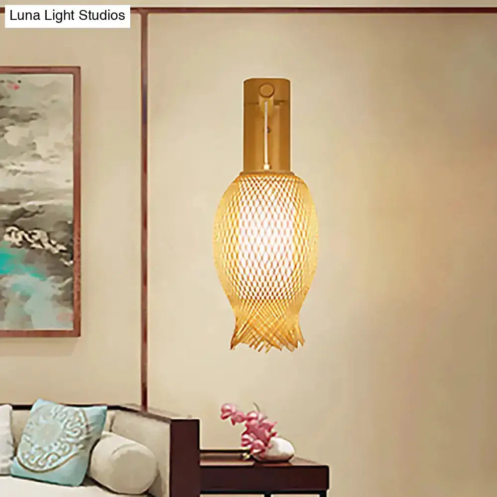 Contemporary bamboo golden wall light with woven lantern shade for bedroom on Tampa Home & Garden Store