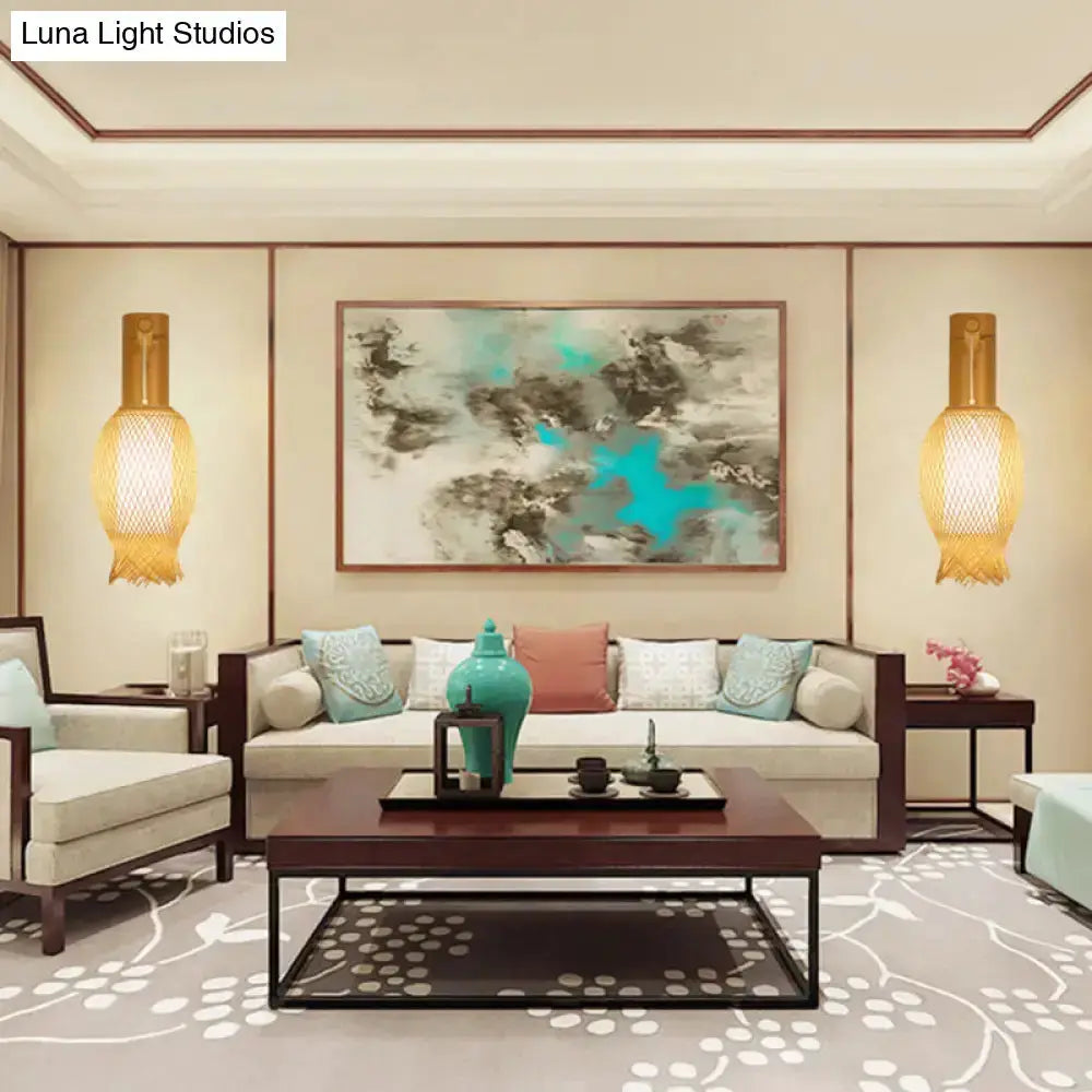 Contemporary bamboo golden wall light fixture set, woven lantern sconces by Decorbites, pair on Tampa Home & Garden Store