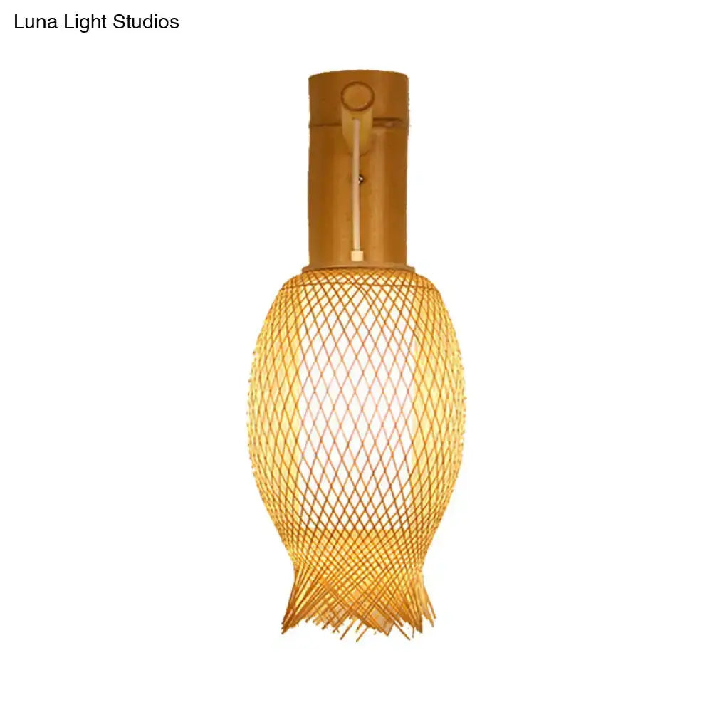 Contemporary bamboo gold wall light fixture with woven lantern shade by Decorbites on Tampa Home & Garden Store