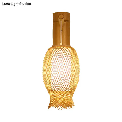 Contemporary bamboo gold wall light fixture with woven lantern shade by Decorbites on Tampa Home & Garden Store