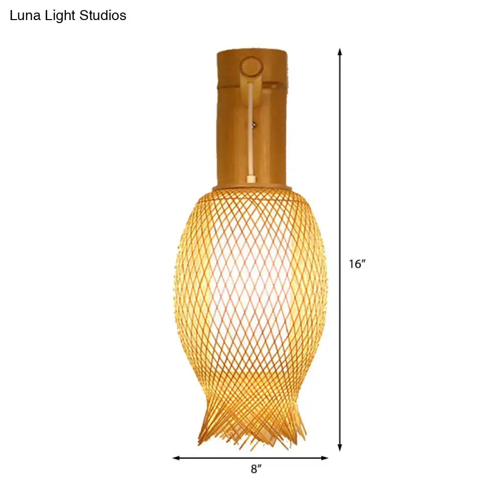 Contemporary bamboo golden wall light with woven lantern shade, Decorbites 16in tall x 8in wide on Tampa Home & Garden Store
