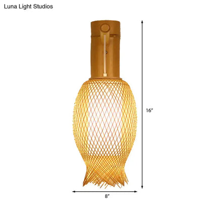 Contemporary bamboo golden wall light with woven lantern shade, Decorbites 16in tall x 8in wide on Tampa Home & Garden Store