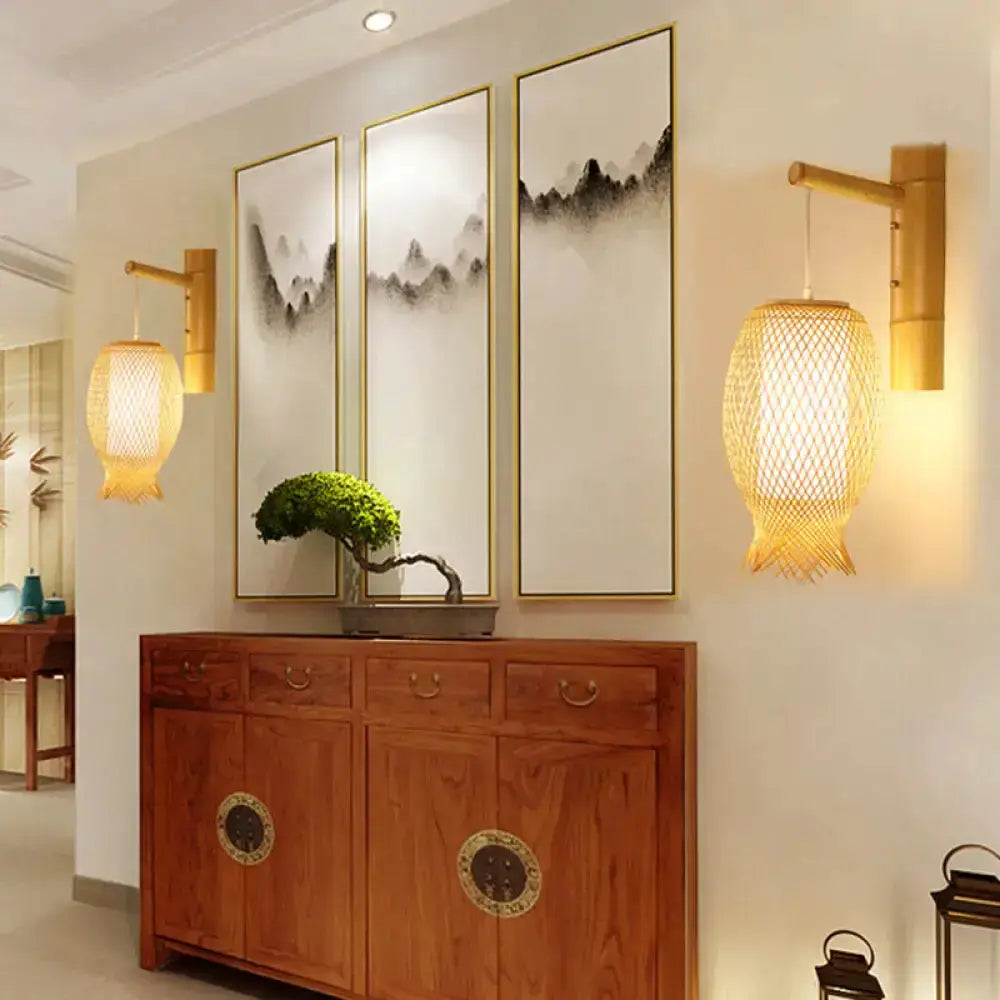 Decorbites bamboo golden wall light fixtures with woven lanterns, pair of bedroom sconces on Tampa Home & Garden Store