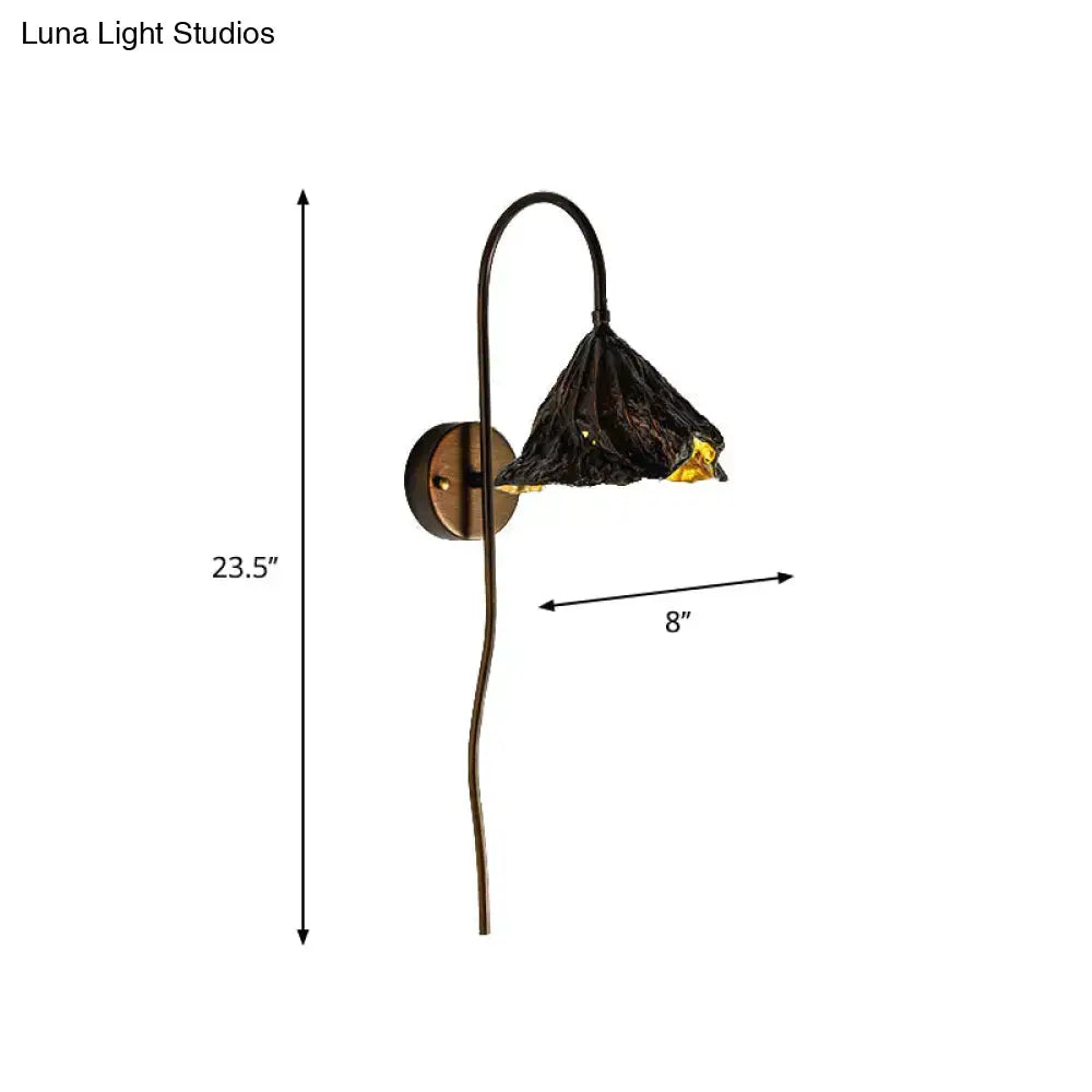 Black Lotus Leaf LED Wall Light with bronze curved arm and lotus shade, 23.5 in tall on Tampa Home & Garden Store