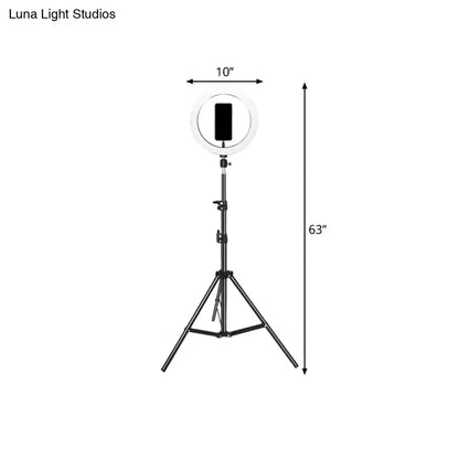 Contemporary black metal ring light with USB port on tripod, 63 in tall, 10 in ring on Tampa Home & Garden Store