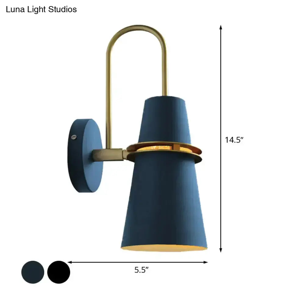 Contemporary blue and gold flared wall sconce light by Decorbites with curved brass arm on Tampa Home & Garden Store