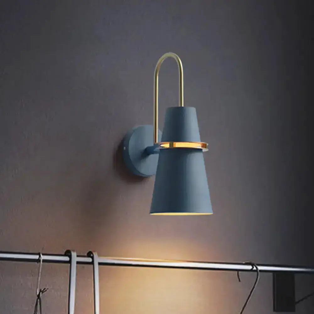 Contemporary blue & gold flared wall sconce light with brass curved arm Decorbites on Tampa Home & Garden Store