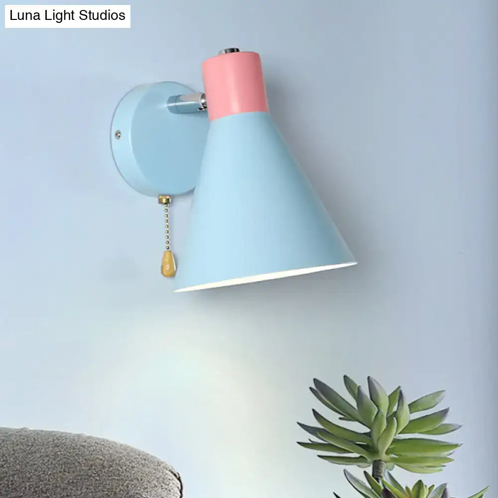 Blue Pink Metal Wall Sconce with conical shade round wall mount pull chain on Tampa Home & Garden Store