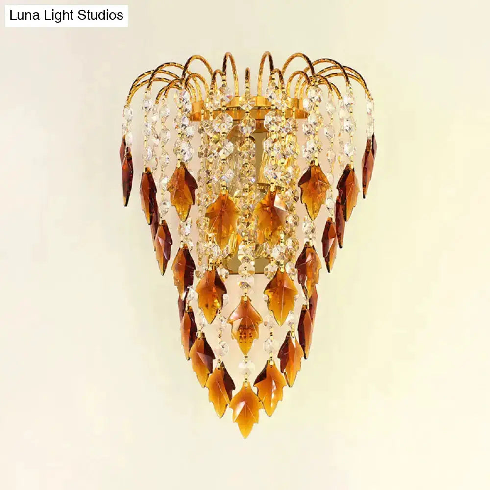 Brass Amber and Clear Crystal Bedroom Wall Lamp