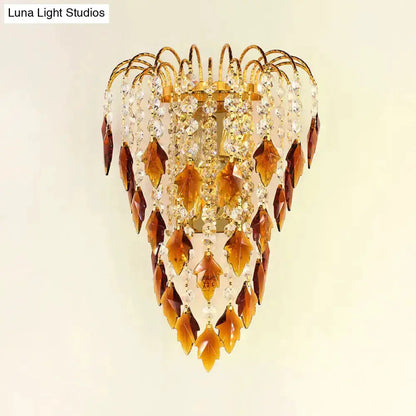 Brass Amber and Clear Crystal Bedroom Wall Lamp