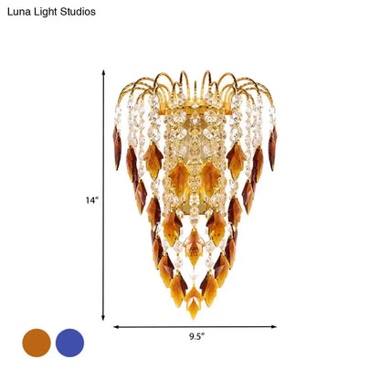 Brass Amber and Clear Crystal Bedroom Wall Lamp