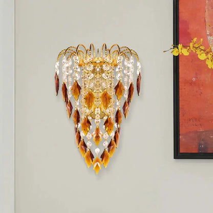 Brass Amber and Clear Crystal Bedroom Wall Lamp