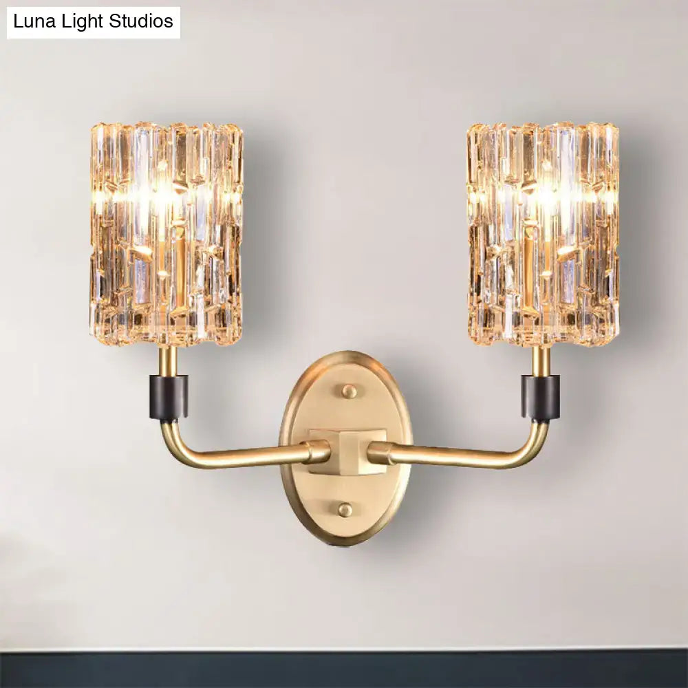 Brass crystal dual-arm bedside sconce with glass shades on an oval wall mount Decorbites on Tampa Home & Garden Store