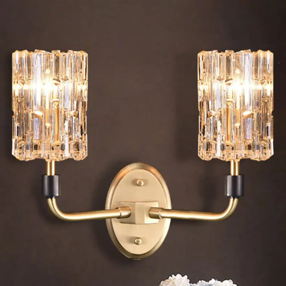 Brass crystal bedside sconce with dual glass block shades and oval backplate on Tampa Home & Garden Store
