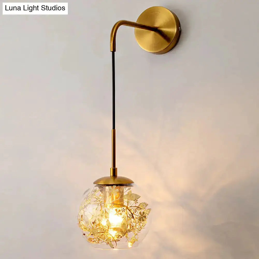 Brass Clear Glass Wall Lamp with Foil Flower