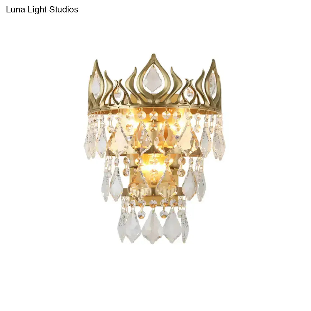 Contemporary Brass Crown Crystal Sconce Light