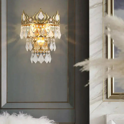 Contemporary Brass Crown Crystal Sconce Light