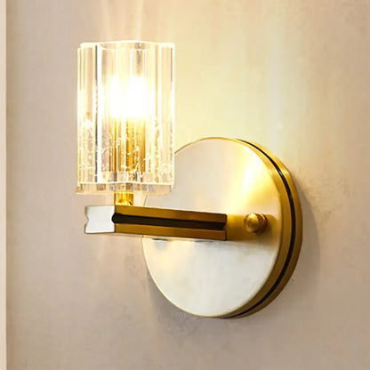 Brass crystal cylinder sconce with LED-compatible bulb and clear shade on Tampa Home & Garden Store