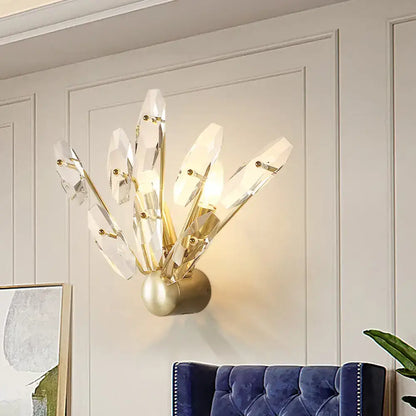 Brass Crystal Sputnik Two-Bulb Sconce with faceted prisms mounted on wall on Tampa Home & Garden Store