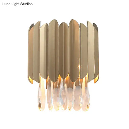 Brass crystal wall lamp with vertical brass panels and teardrop crystals fits 5-9 inch on Tampa Home & Garden Store