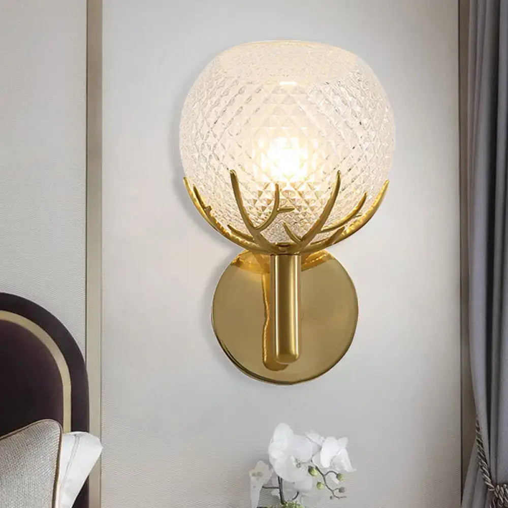 Brass frosted lattice glass sconce G9 by Decorbites with gold antler-bracket wall mount on Tampa Home & Garden Store