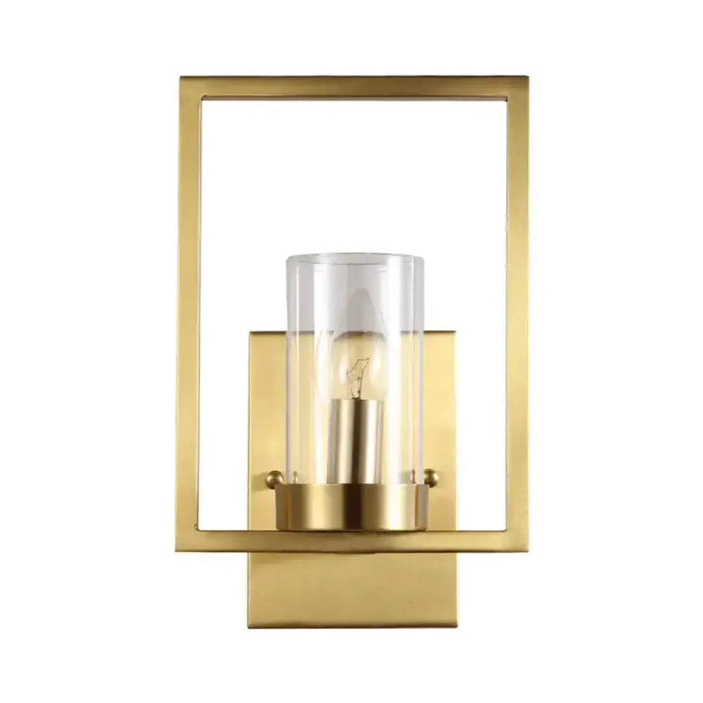 Brass wall light with clear glass cylinder shade, rectangular frame sconce for bedroom on Tampa Home & Garden Store