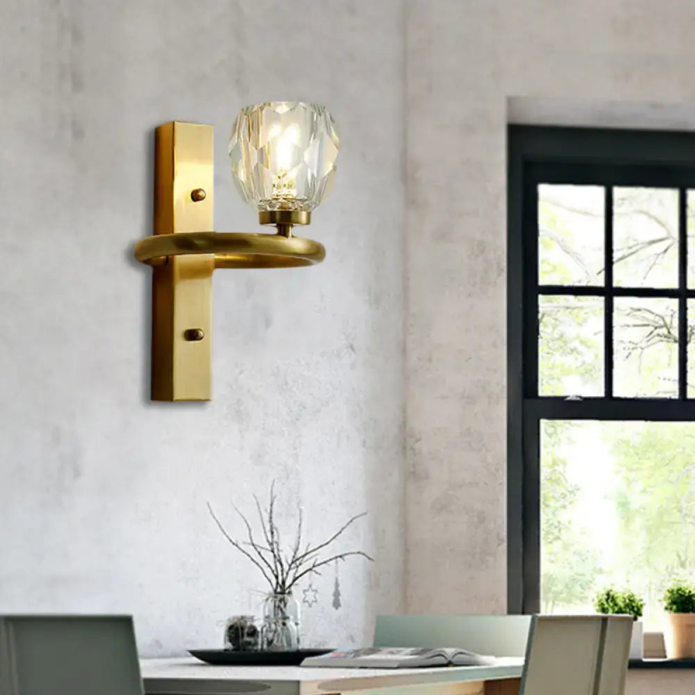 Brass crystal shade sconce with faceted glass shade and brass backplate by Decorbites on Tampa Home & Garden Store