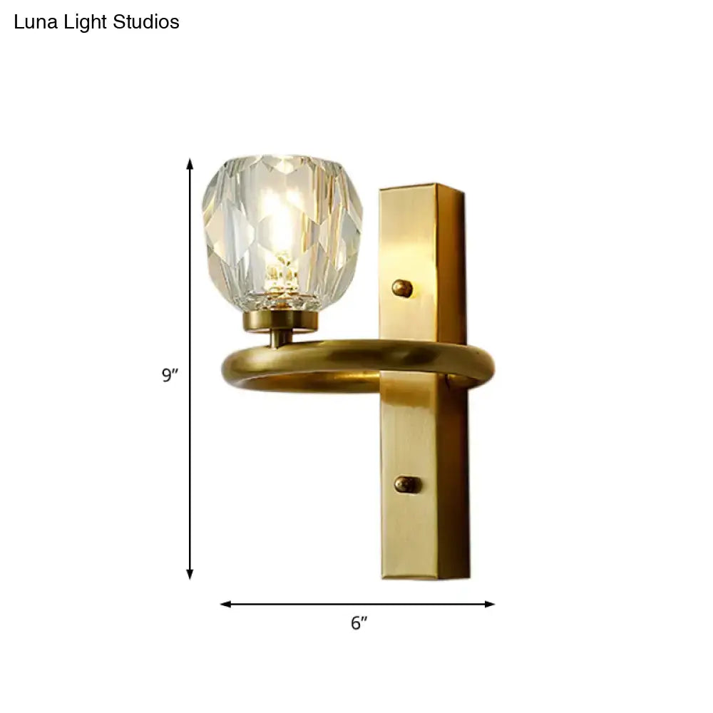 Brass crystal shade sconce with gold backplate and ring accent on Tampa Home & Garden Store