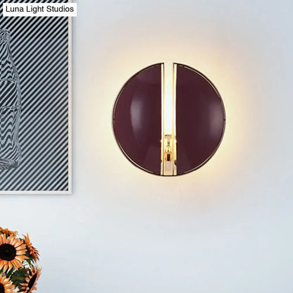 Decorbites burgundy gold wall sconce with vertical gold stripe, round metal wall light warm glow on Tampa Home & Garden Store