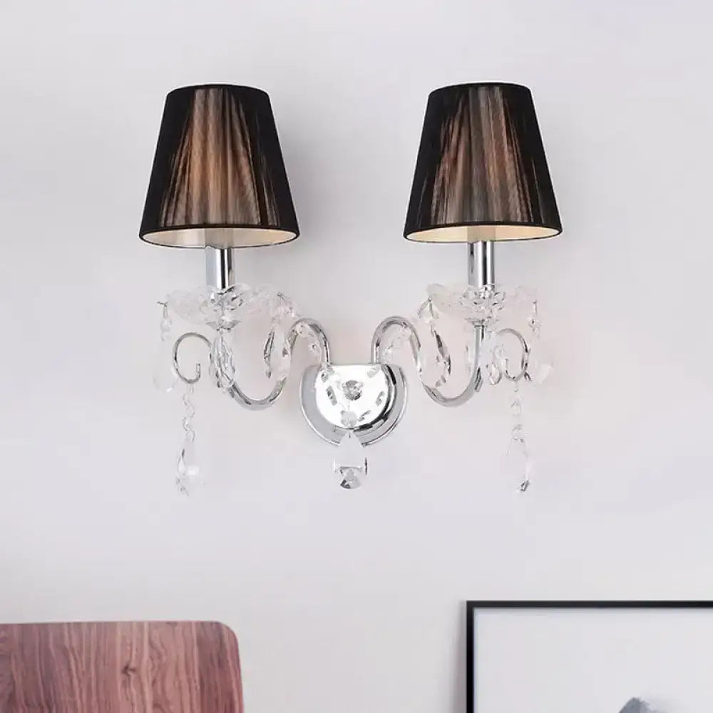 Black crystal fabric shade wall sconce with twin lamps and chrome mount by Decorbites on Tampa Home & Garden Store